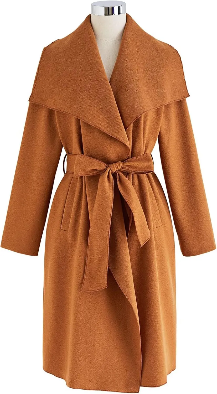 CHICWISH Women's Wide Lapel Open Front Long Sleeve Sand/Wine/Black/Grey Wool Blend Trench Coat
