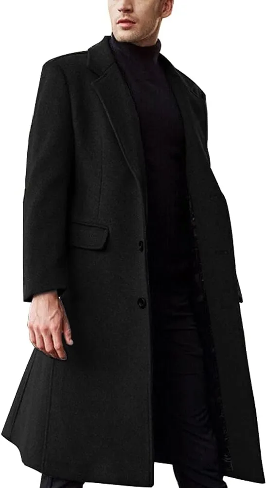 chouyatou Men's Fall Winter Office Single Breasted Long Dress Wool Coat Overcoat