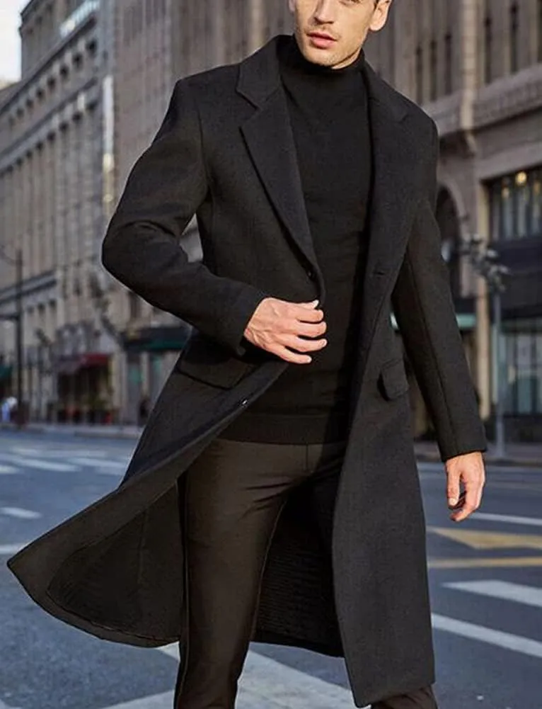 chouyatou Men's Fall Winter Office Single Breasted Long Dress Wool Coat Overcoat