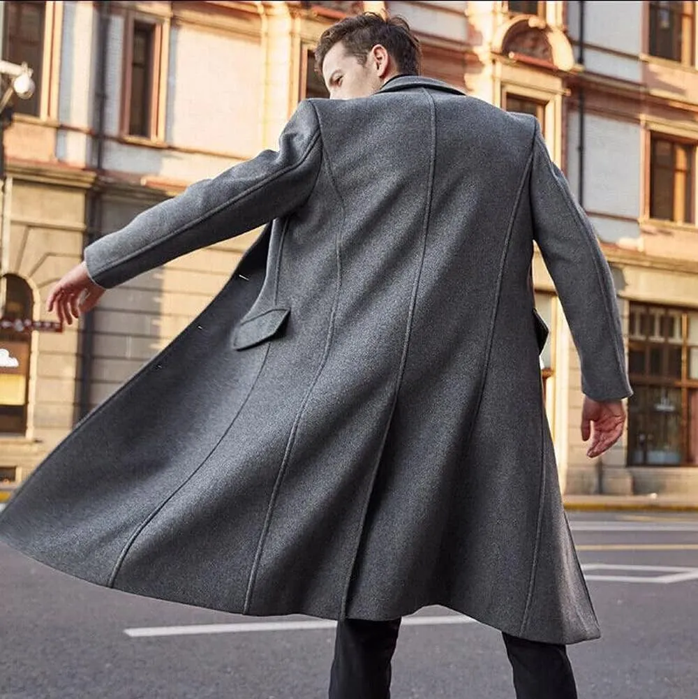 chouyatou Men's Fall Winter Office Single Breasted Long Dress Wool Coat Overcoat