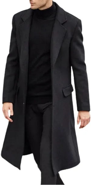 chouyatou Men's Fall Winter Office Single Breasted Long Dress Wool Coat Overcoat