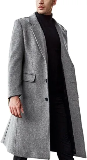 chouyatou Men's Fall Winter Office Single Breasted Long Dress Wool Coat Overcoat