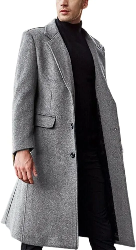chouyatou Men's Fall Winter Office Single Breasted Long Dress Wool Coat Overcoat