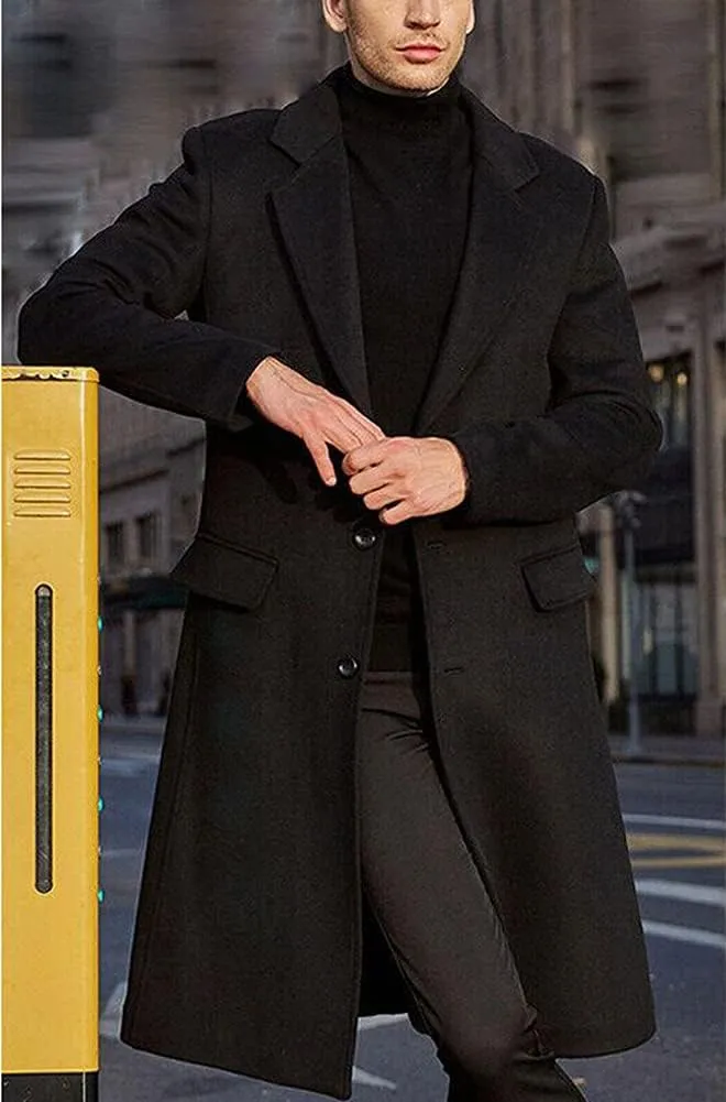 chouyatou Men's Fall Winter Office Single Breasted Long Dress Wool Coat Overcoat