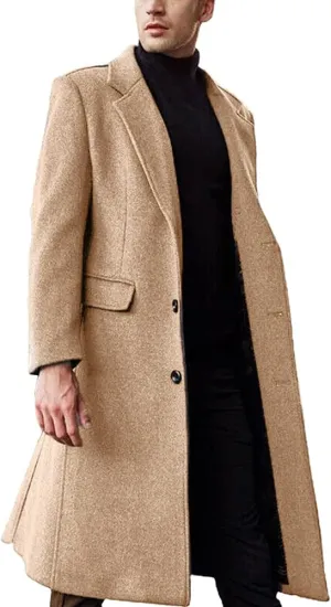 chouyatou Men's Fall Winter Office Single Breasted Long Dress Wool Coat Overcoat