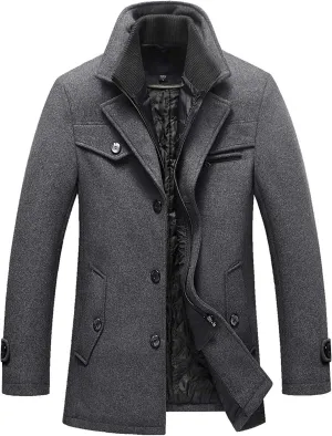 chouyatou Men's Gentle Layered Collar Single Breasted Quilted Lined Wool Blend Pea Coats
