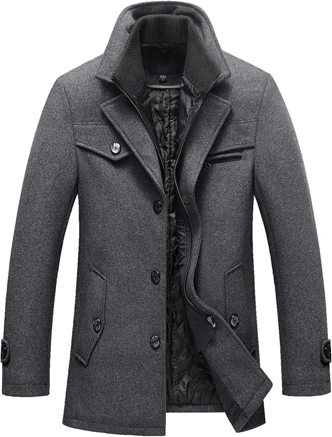 chouyatou Men's Gentle Layered Collar Single Breasted Quilted Lined Wool Blend Pea Coats