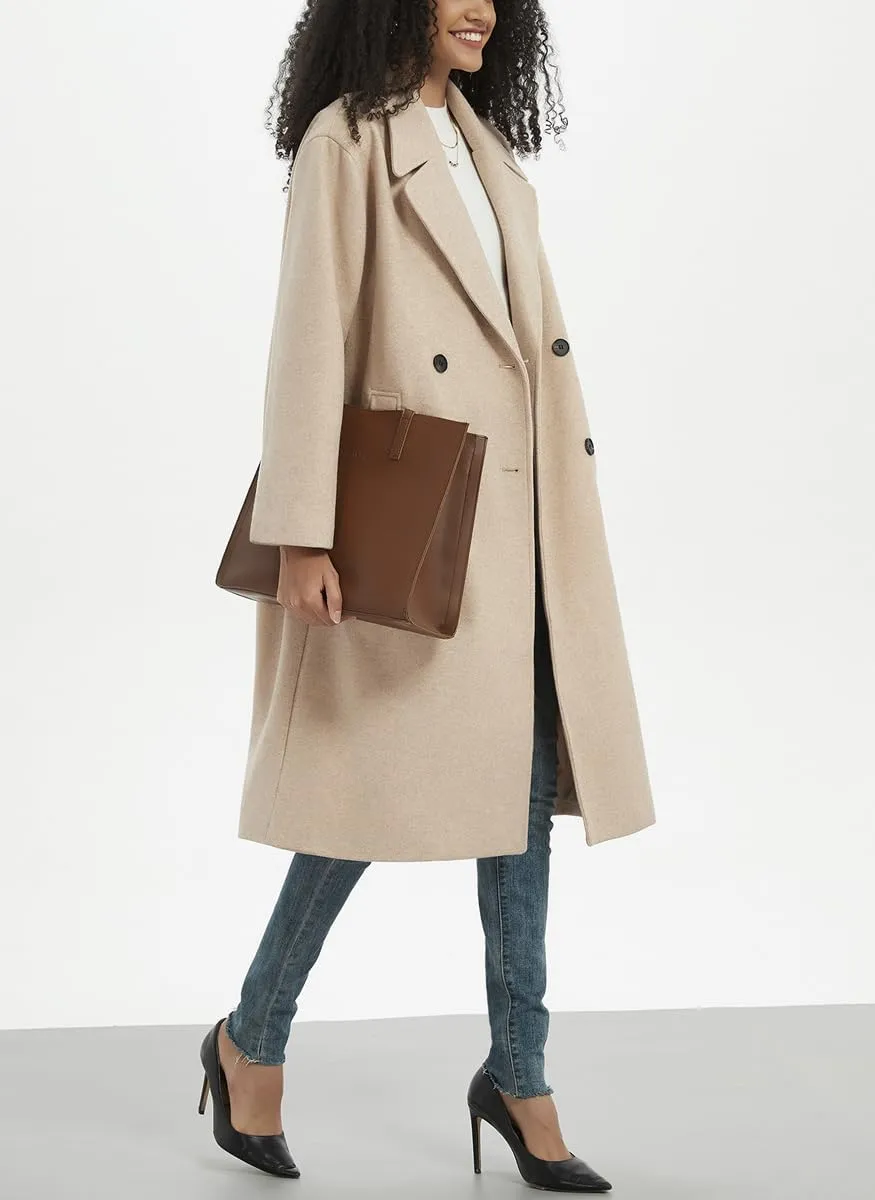 chouyatou Women's Business Casual Double Breasted Wool Coat Notch Lapel Midi Long Winter Trench Coat