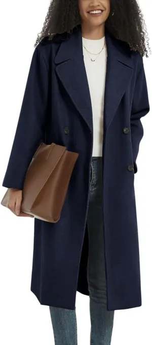 chouyatou Women's Business Casual Double Breasted Wool Coat Notch Lapel Midi Long Winter Trench Coat