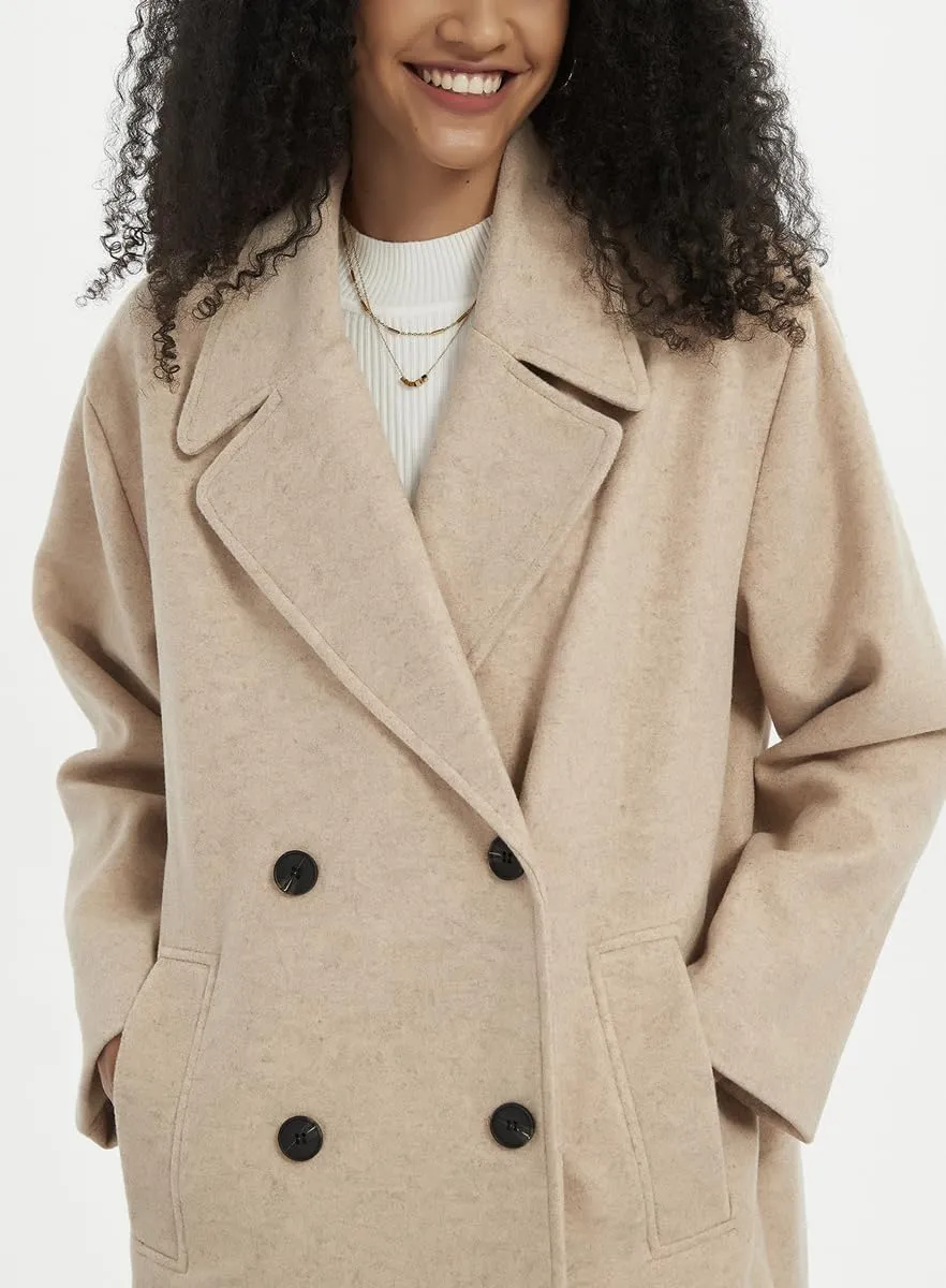 chouyatou Women's Business Casual Double Breasted Wool Coat Notch Lapel Midi Long Winter Trench Coat