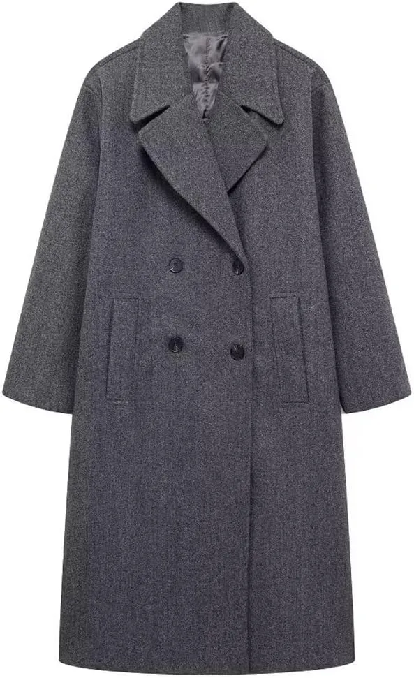 chouyatou Women's Business Casual Double Breasted Wool Coat Notch Lapel Midi Long Winter Trench Coat