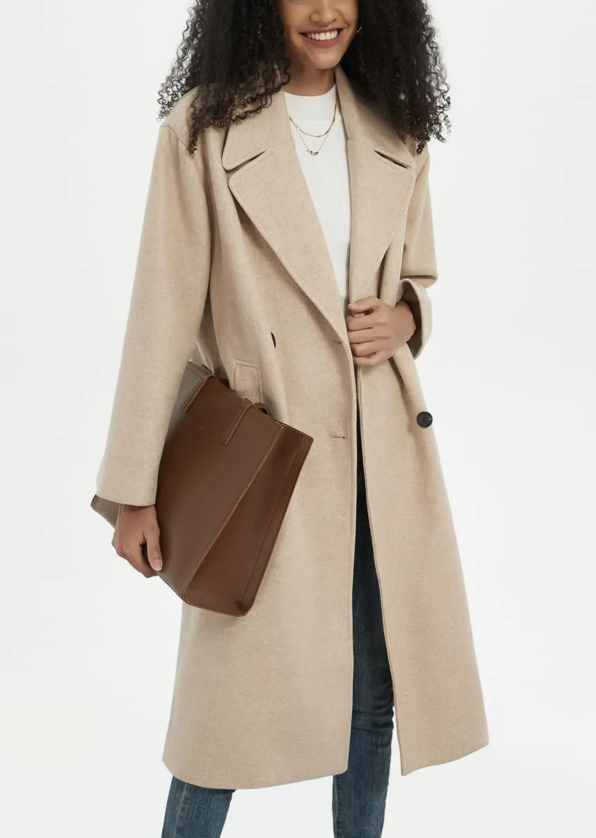 chouyatou Women's Business Casual Double Breasted Wool Coat Notch Lapel Midi Long Winter Trench Coat