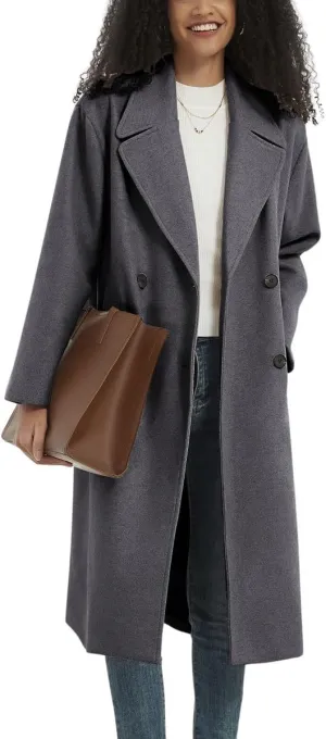 chouyatou Women's Business Casual Double Breasted Wool Coat Notch Lapel Midi Long Winter Trench Coat