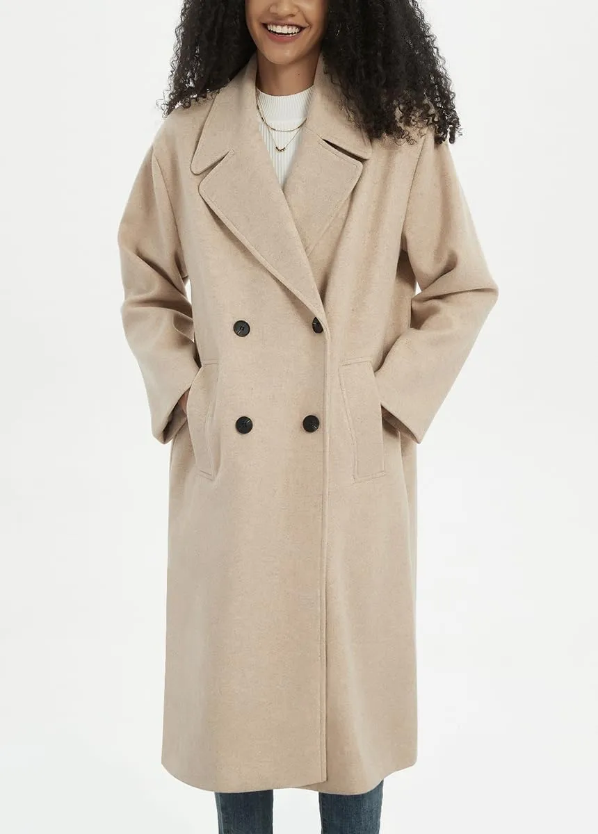 chouyatou Women's Business Casual Double Breasted Wool Coat Notch Lapel Midi Long Winter Trench Coat