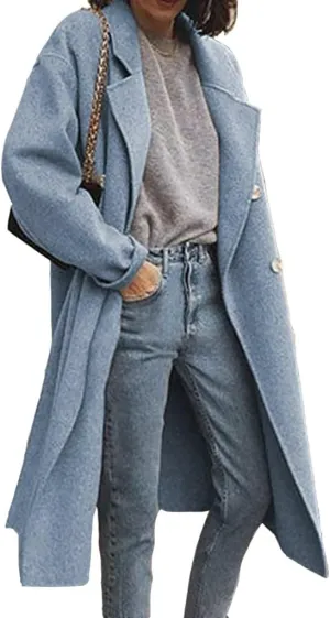 chouyatou Women's Classic Double Breasted Long Wool Pea Coat Fashion Winter Trench Coat