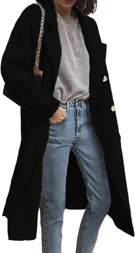chouyatou Women's Classic Double Breasted Long Wool Pea Coat Fashion Winter Trench Coat