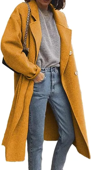 chouyatou Women's Classic Double Breasted Long Wool Pea Coat Fashion Winter Trench Coat