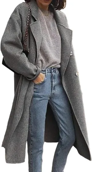 chouyatou Women's Classic Double Breasted Long Wool Pea Coat Fashion Winter Trench Coat
