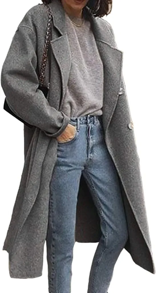 chouyatou Women's Classic Double Breasted Long Wool Pea Coat Fashion Winter Trench Coat