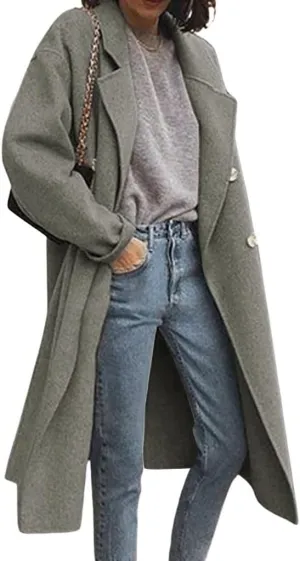 chouyatou Women's Classic Double Breasted Long Wool Pea Coat Fashion Winter Trench Coat