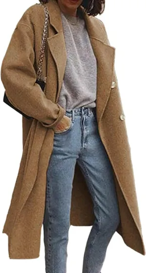 chouyatou Women's Classic Double Breasted Long Wool Pea Coat Fashion Winter Trench Coat