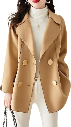 chouyatou Women's Elegant Casual Business Wool Trench Coat Loose Double Breasted Dressy Blazer Pea Coat