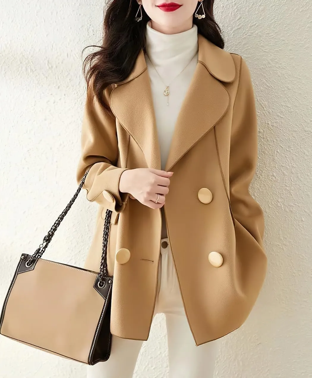 chouyatou Women's Elegant Casual Business Wool Trench Coat Loose Double Breasted Dressy Blazer Pea Coat