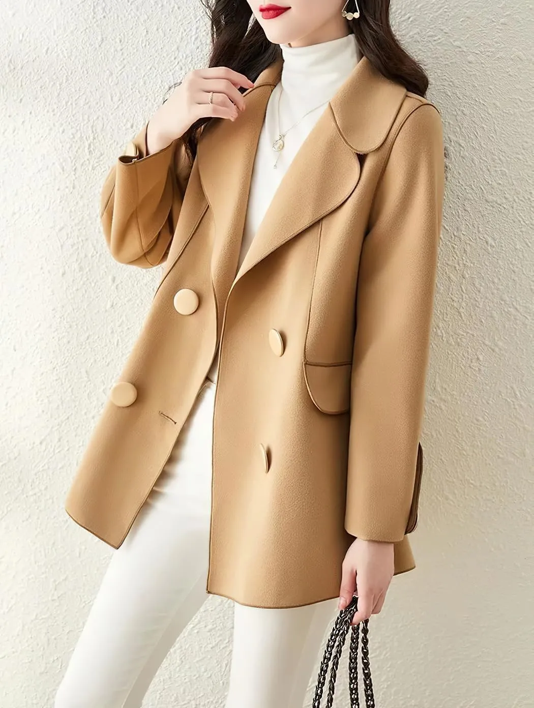chouyatou Women's Elegant Casual Business Wool Trench Coat Loose Double Breasted Dressy Blazer Pea Coat