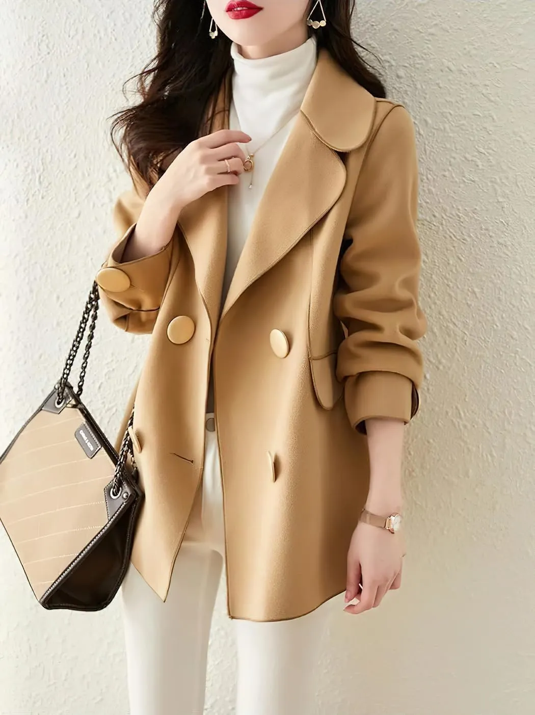 chouyatou Women's Elegant Casual Business Wool Trench Coat Loose Double Breasted Dressy Blazer Pea Coat