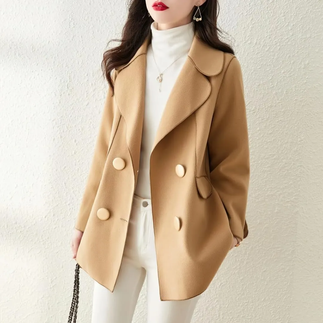 chouyatou Women's Elegant Casual Business Wool Trench Coat Loose Double Breasted Dressy Blazer Pea Coat