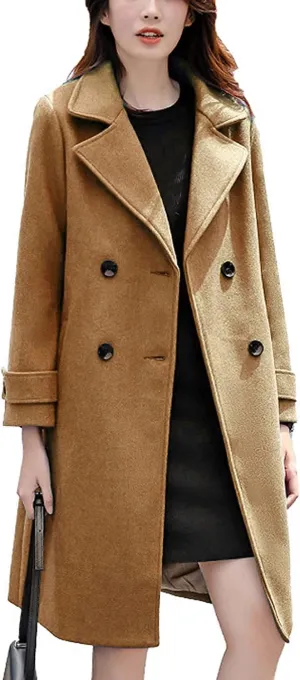 chouyatou Women's Essential Elegant Wear Double Breasted Mid Long Wool Pea Coat