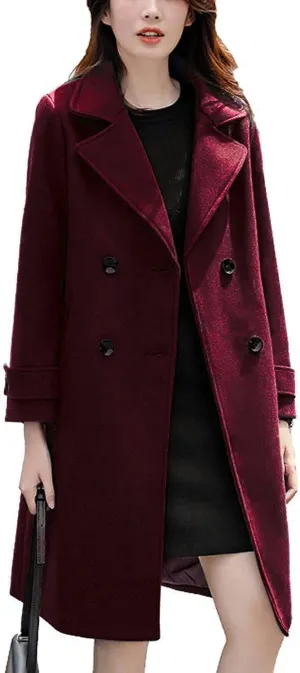 chouyatou Women's Essential Elegant Wear Double Breasted Mid Long Wool Pea Coat