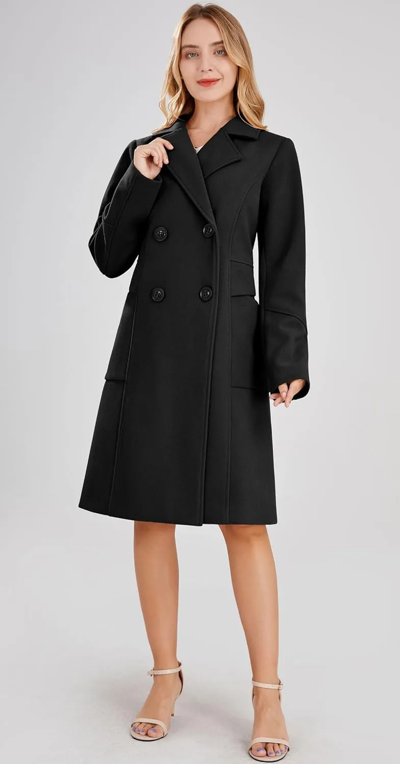chouyatou Women's Essential Elegant Wear Double Breasted Mid Long Wool Pea Coat