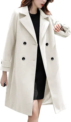 chouyatou Women's Essential Elegant Wear Double Breasted Mid Long Wool Pea Coat