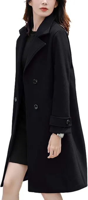 chouyatou Women's Essential Elegant Wear Double Breasted Mid Long Wool Pea Coat