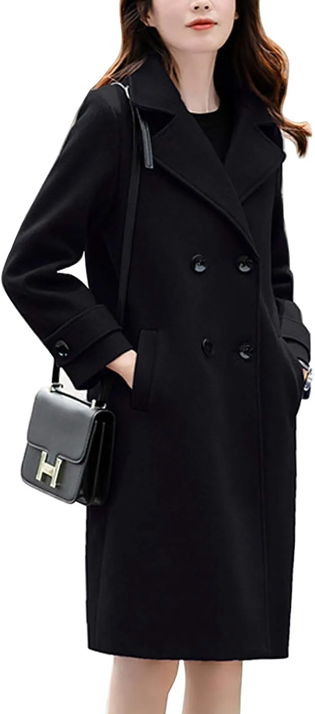 chouyatou Women's Essential Elegant Wear Double Breasted Mid Long Wool Pea Coat