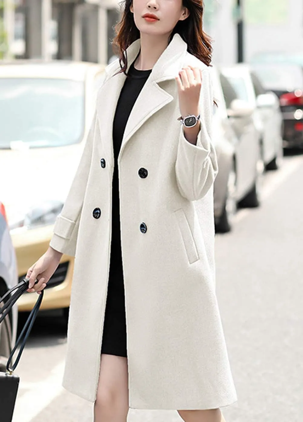 chouyatou Women's Essential Elegant Wear Double Breasted Mid Long Wool Pea Coat
