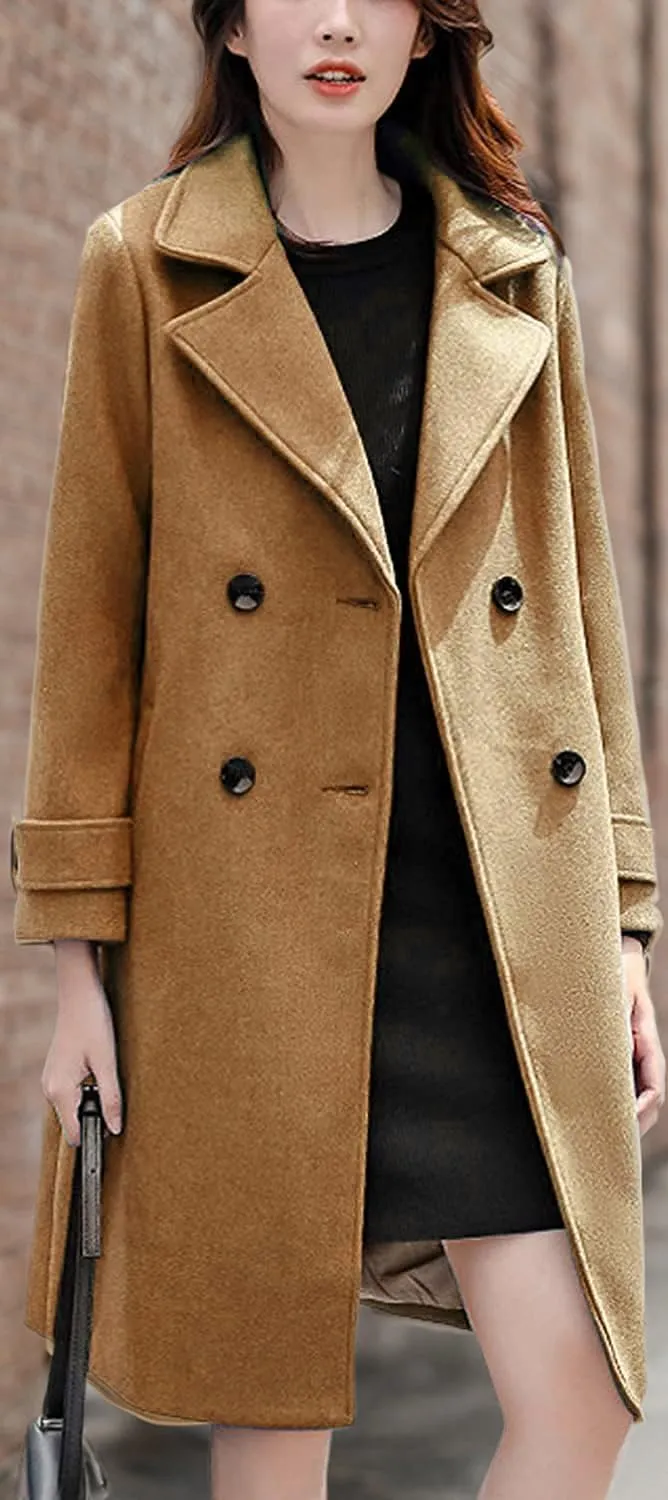 chouyatou Women's Essential Elegant Wear Double Breasted Mid Long Wool Pea Coat
