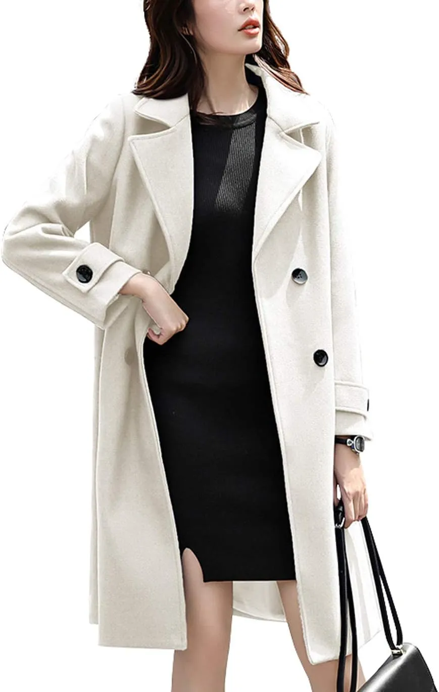 chouyatou Women's Essential Elegant Wear Double Breasted Mid Long Wool Pea Coat