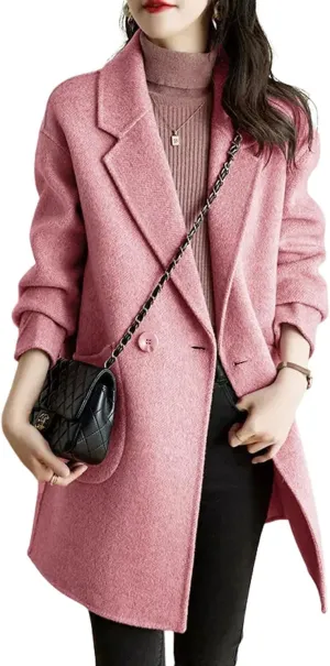 chouyatou Women's Notch Lapel Herringbone Wool Coat Formal Office Work Double Breasted Winter Pea Coat