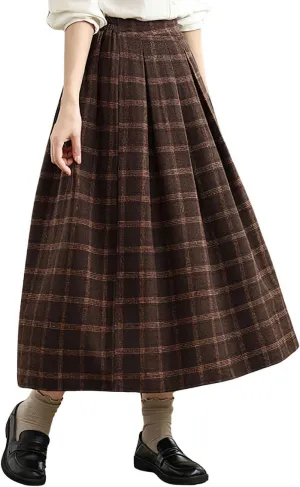 chouyatou Women's Retro Plaid Checkered Wool Skirt High Elastic Waist A-Line Pleated Midi Long Skirt