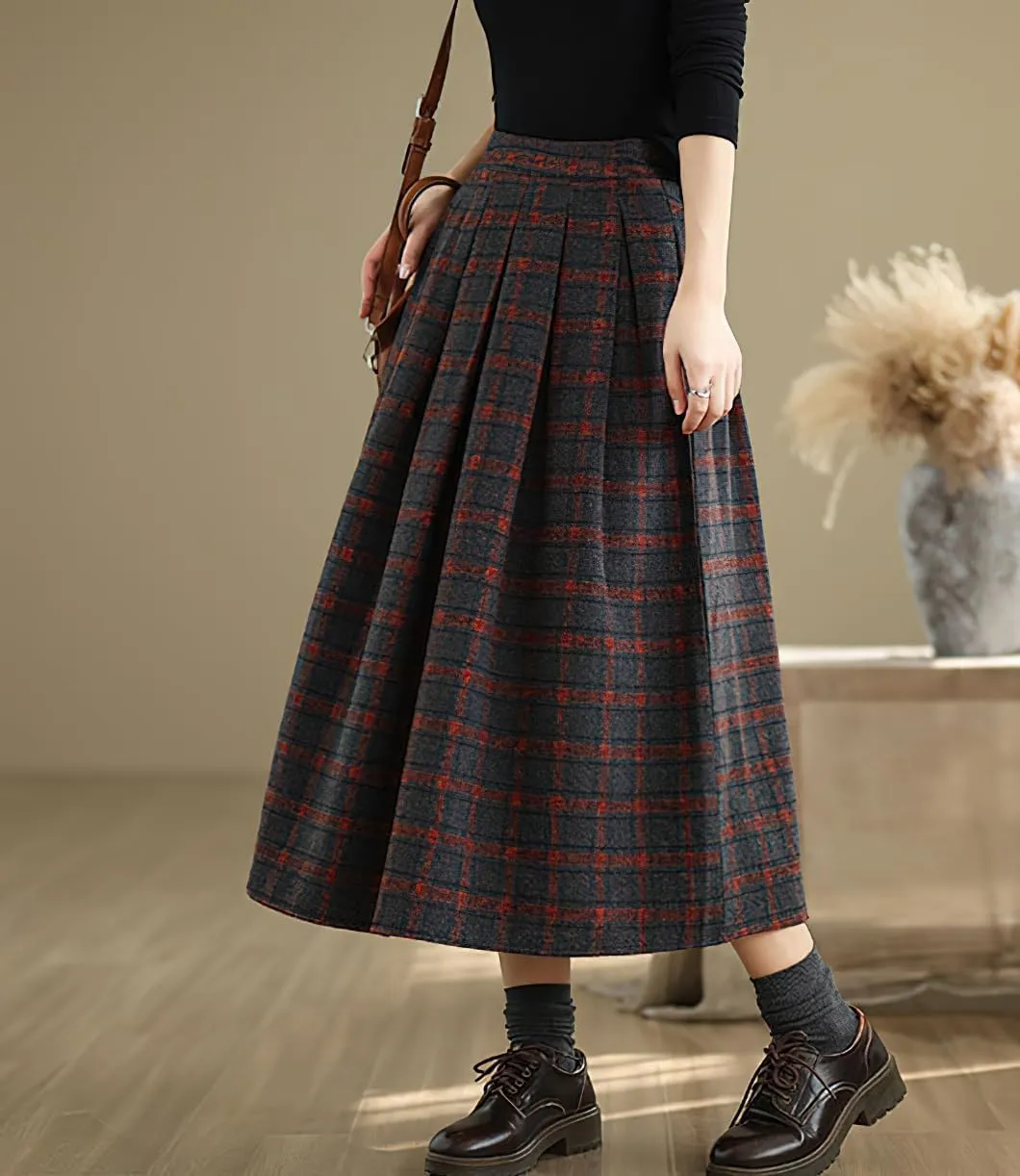 chouyatou Women's Retro Plaid Checkered Wool Skirt High Elastic Waist A-Line Pleated Midi Long Skirt