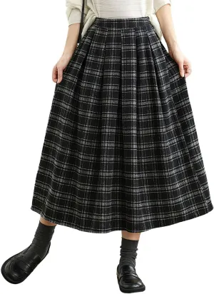 chouyatou Women's Retro Plaid Checkered Wool Skirt High Elastic Waist A-Line Pleated Midi Long Skirt