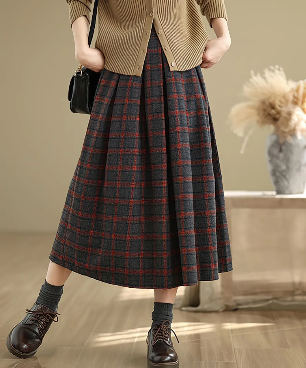 chouyatou Women's Retro Plaid Checkered Wool Skirt High Elastic Waist A-Line Pleated Midi Long Skirt