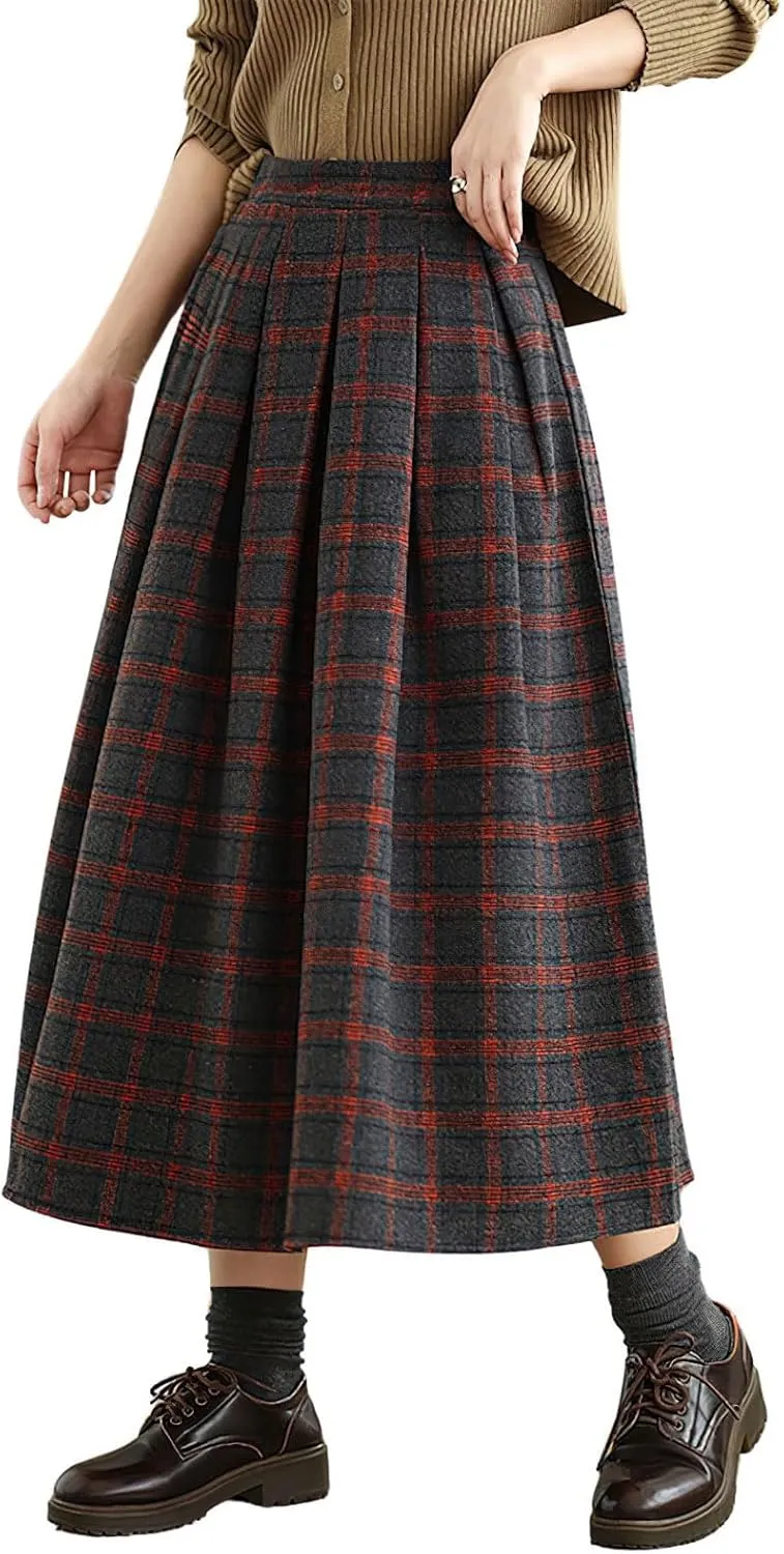chouyatou Women's Retro Plaid Checkered Wool Skirt High Elastic Waist A-Line Pleated Midi Long Skirt