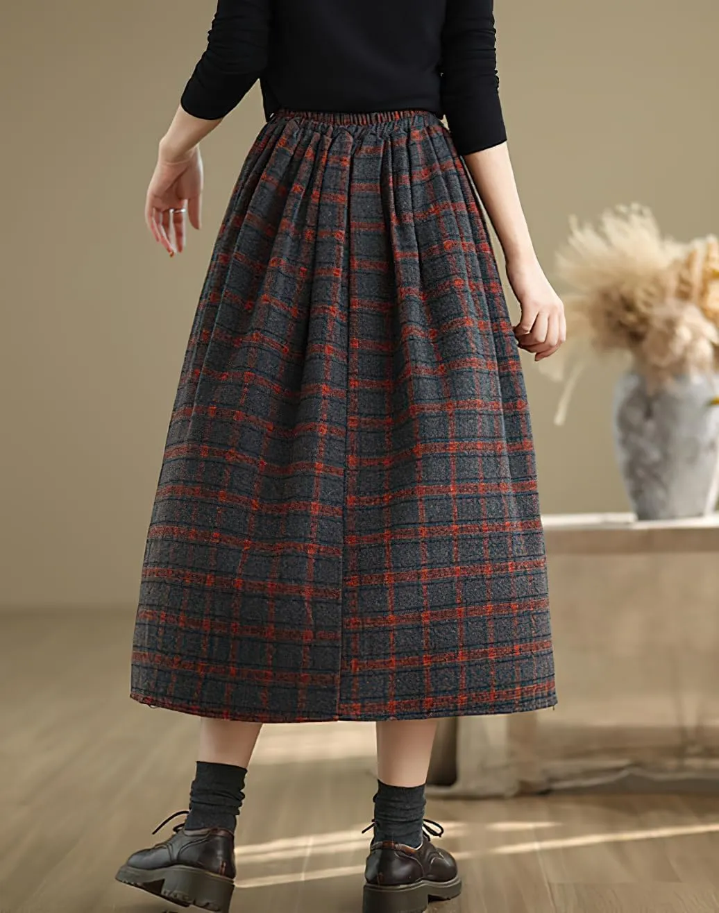 chouyatou Women's Retro Plaid Checkered Wool Skirt High Elastic Waist A-Line Pleated Midi Long Skirt