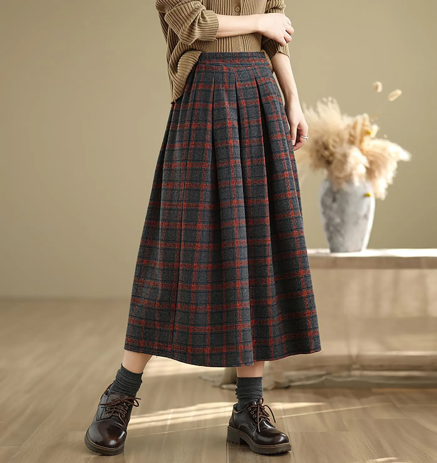 chouyatou Women's Retro Plaid Checkered Wool Skirt High Elastic Waist A-Line Pleated Midi Long Skirt