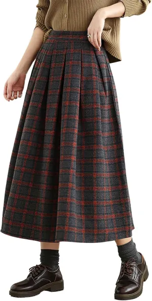 chouyatou Women's Retro Plaid Checkered Wool Skirt High Elastic Waist A-Line Pleated Midi Long Skirt
