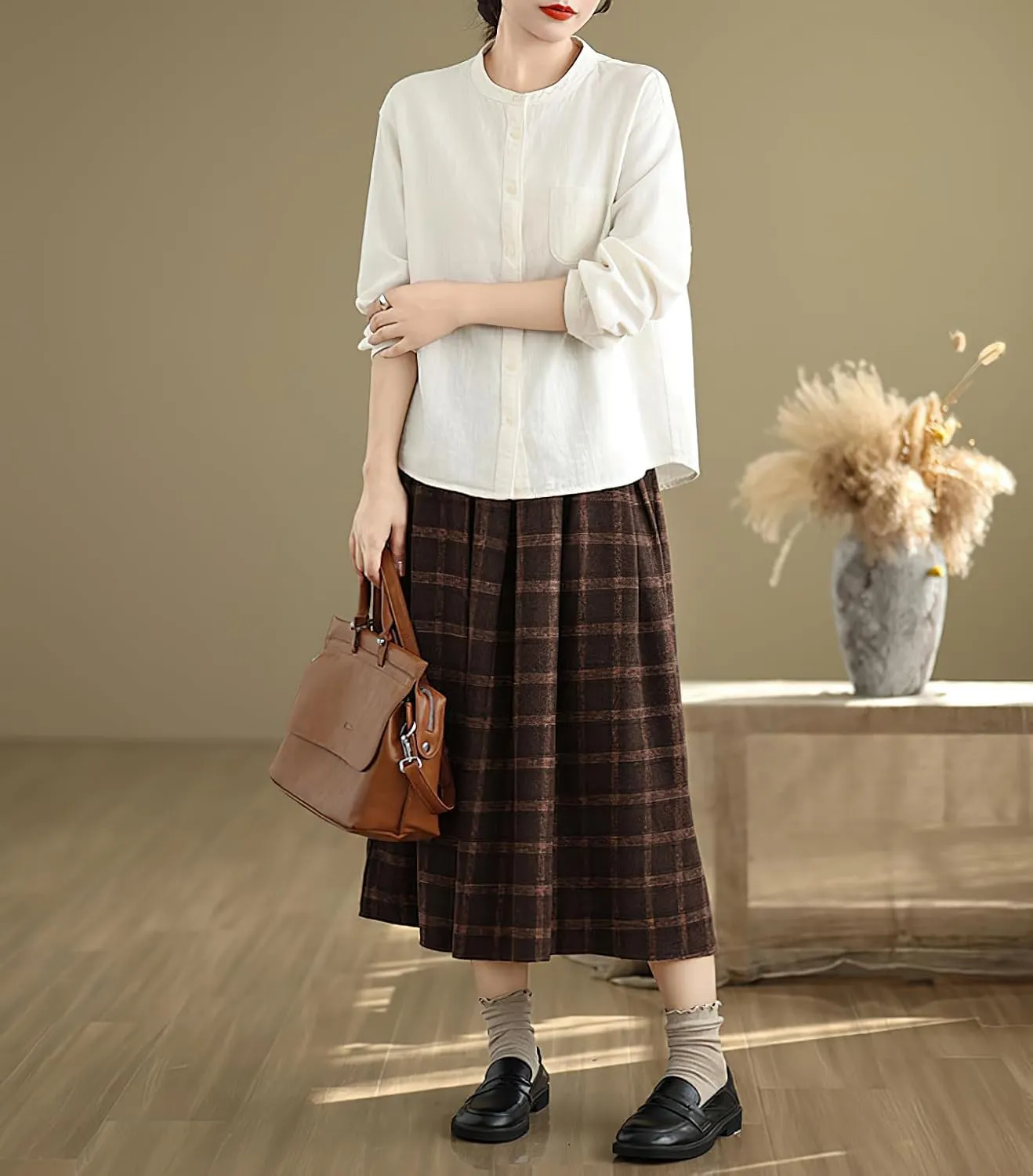 chouyatou Women's Retro Plaid Checkered Wool Skirt High Elastic Waist A-Line Pleated Midi Long Skirt