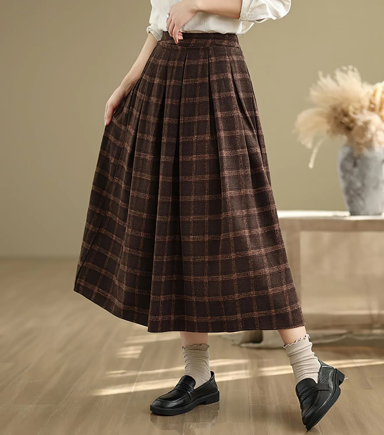 chouyatou Women's Retro Plaid Checkered Wool Skirt High Elastic Waist A-Line Pleated Midi Long Skirt